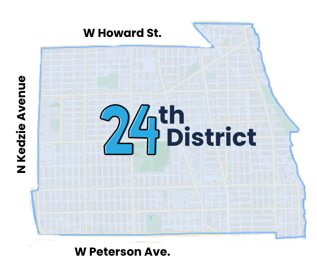 map of the 24th Police District boundaries with Howard Street to the north, Peterson to the south, Kedzie to the west and the lake to the east